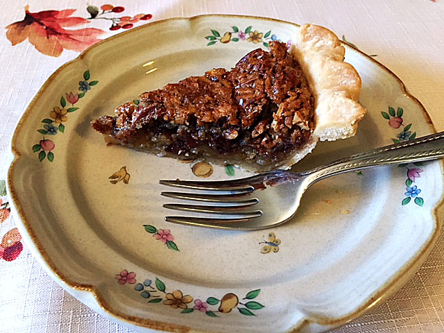 A view of a slice from the side showing the chocolate-laced filling.