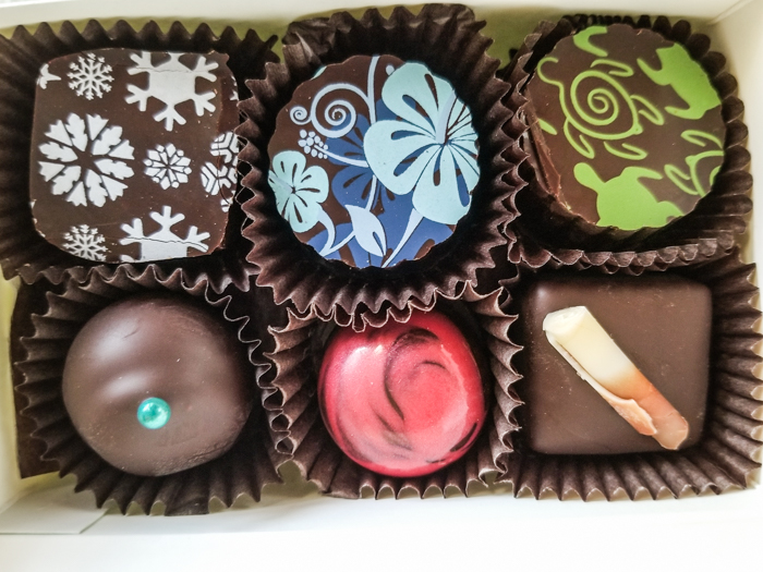 Closeup of decorated truffles at Cacao Santa Fe