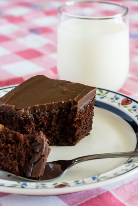 Square piece of chocolate cake with fudge icing